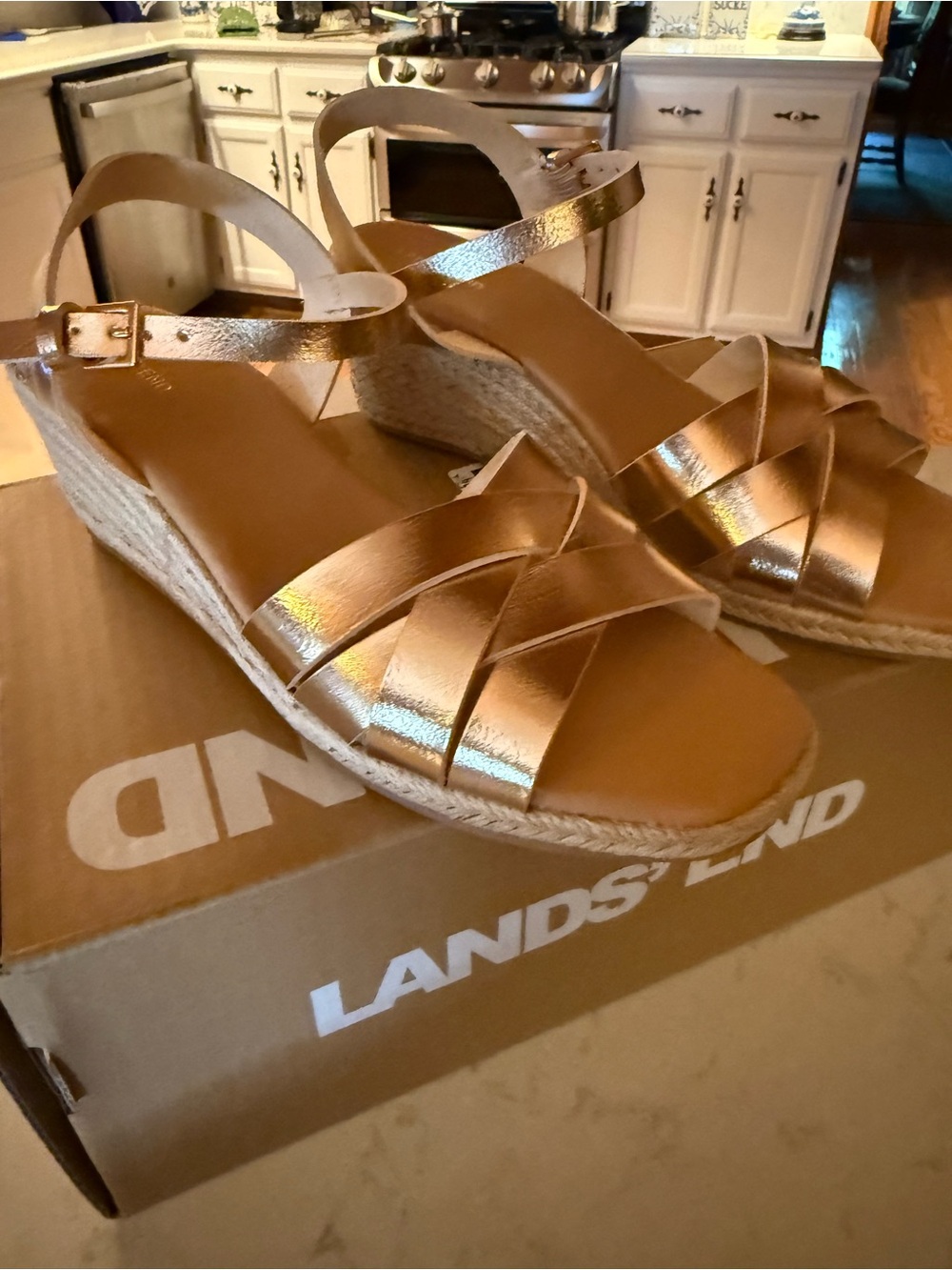 Lands' End Metallic Gold Crisscross Espadrille Wedges